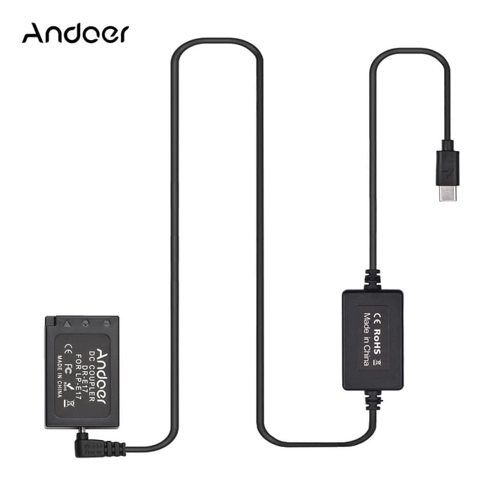 Andoer PD USB Type-C-kabel naar DR-E17 Dummy-batterij DC-koppeling LP-E17 Vervanging voor Canon EOS M3 zwart
