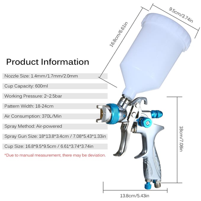 Spuitpistool Gravity Feed Verfspuit met 600 ml beker 1,4 mm 1,7 mm 2,0 mm mondstuk voor zilver