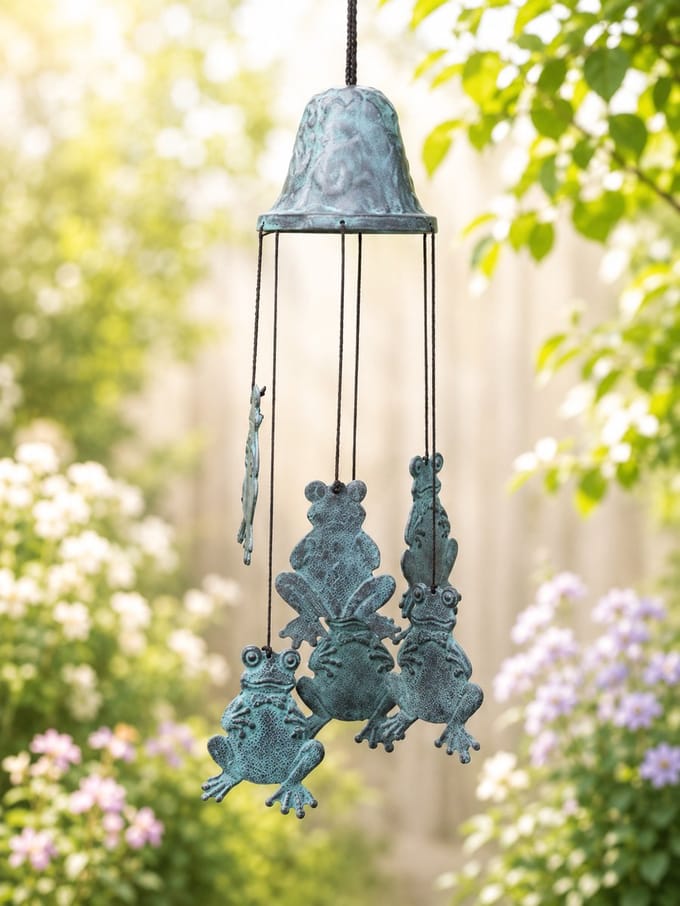 Beeld brons - Windgong met kikkers - 30 cm hoog - Bronzartes