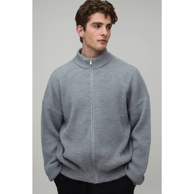Relaxed Fit Geribbeld Gebreid Trainingsjack | Grey | Size XL