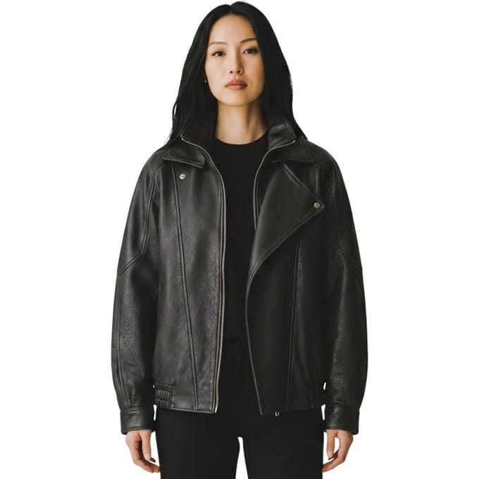 Dames zwart lamsleer Big Bomber Biker Blouson Oversized Jas - Krakau