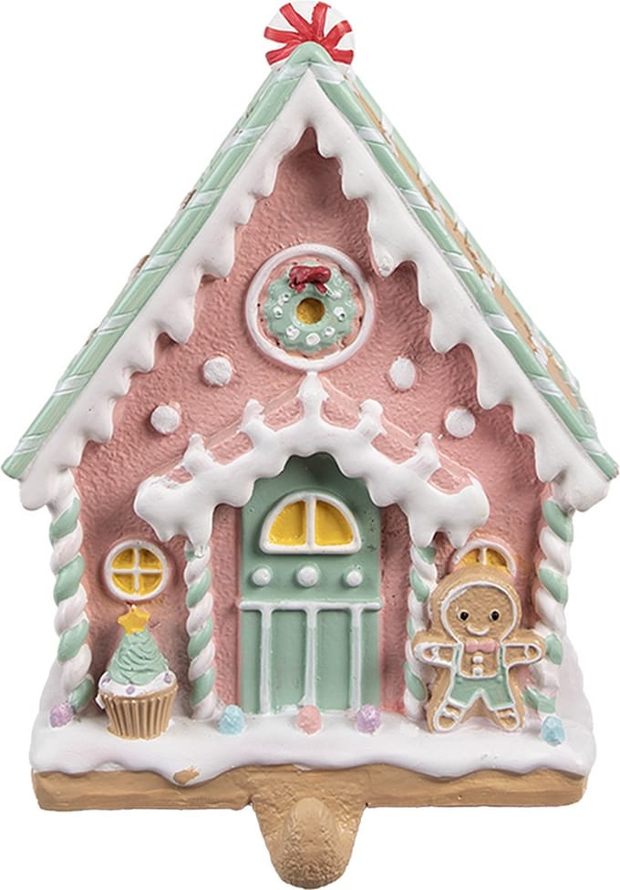 Clayre & Eef Haak Kerstsok Gingerbread house 13x10x18 cm Roze Kunststof
