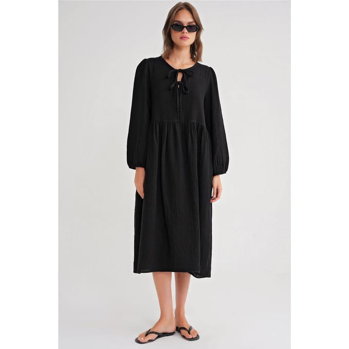 V-hals Midi-jurk met striksluiting