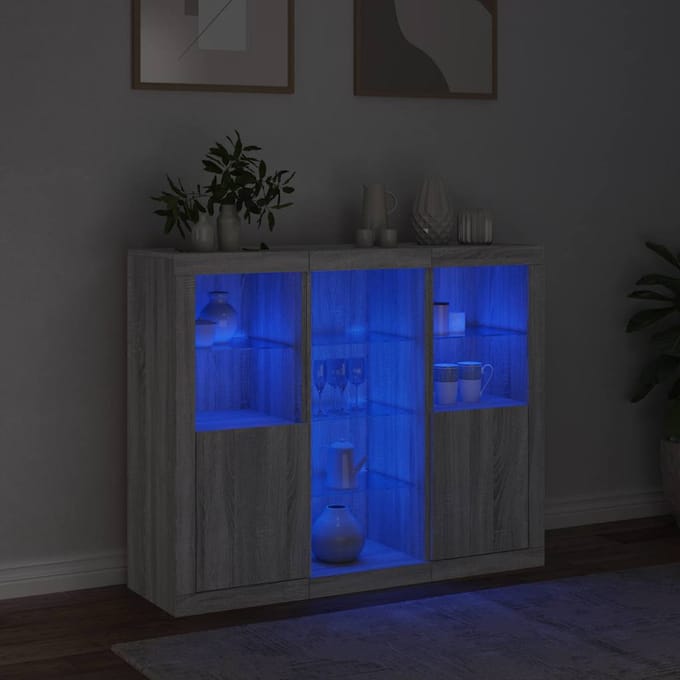 vidaXL - Dressoirs - met - LED-verlichting - 3 - st - bewerkt - hout - grijs - sonoma