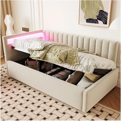 Merax Bed met opbergruimte 90 x 200 cm met verwisselbaar hoofdeinde - LED's - Fluweel - Beige