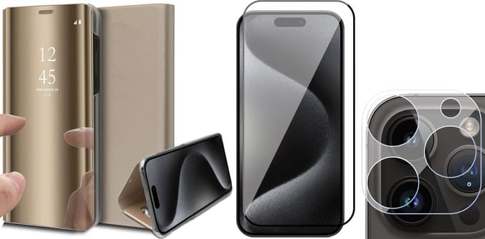 Hoesje geschikt voor iPhone 15 Pro Max - Screenprotector FullGuard & Camera Lens Screen Protector - Book Case Spiegel Goud