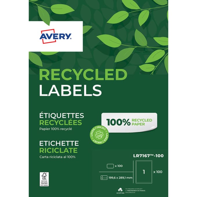 Etiket Avery LR7167-100 199.6x289.1mm recycled wit 100 stuks
