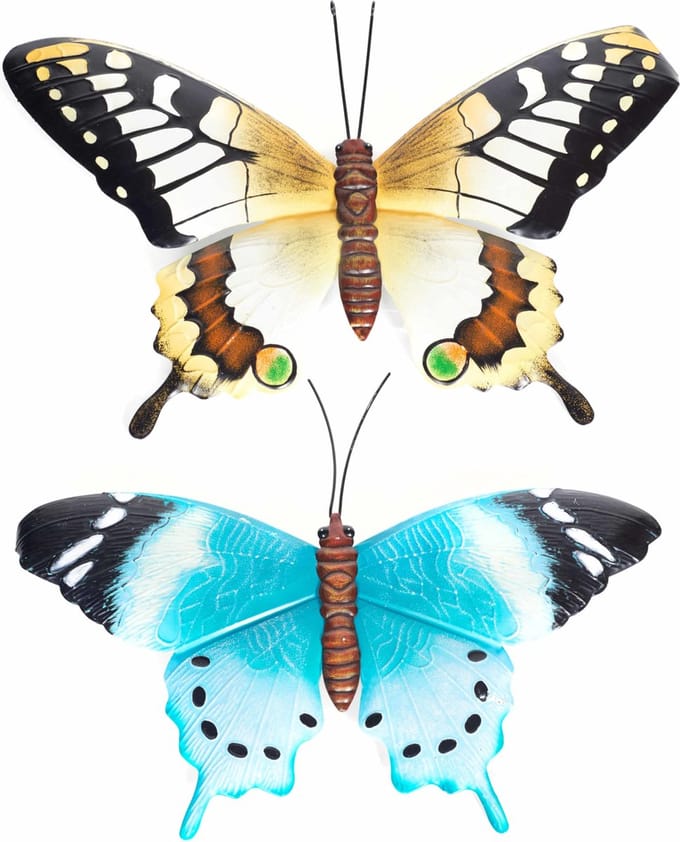 Vlinders - 2x - metaal 48 x 30 cm - blauw/geel