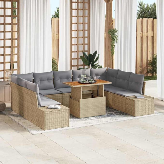 vidaXL Tuin Eettafel Set met kussen 10 pcs Beige en Grijs