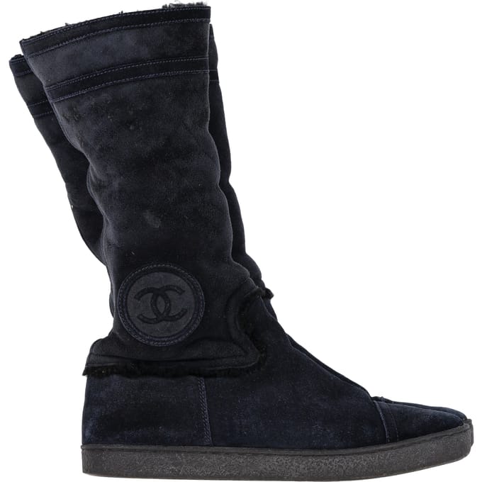 Chanel CC Logo Schapenleren Laarzen in Marineblauw Suède