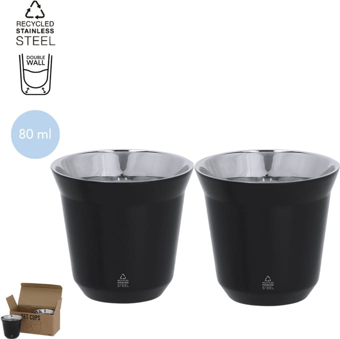 Set van 2 gerecycled RVS zwarte bekers 80 ml - geschikt voor laser techniek model Kodet