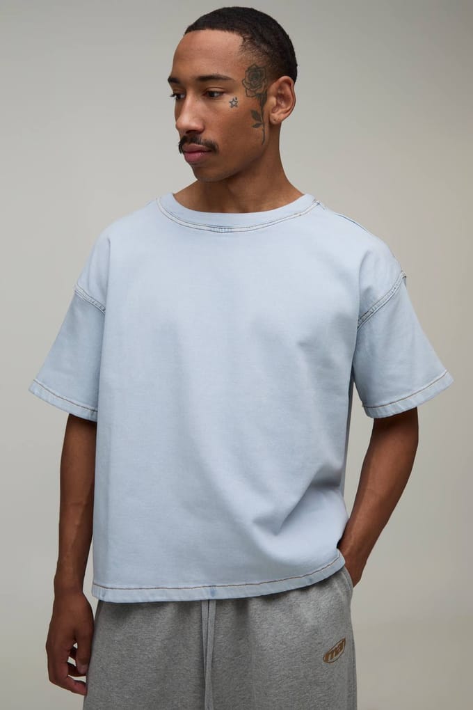 Oversized Boxy Stretch Denim T-Shirt | Light Blue | Size XS