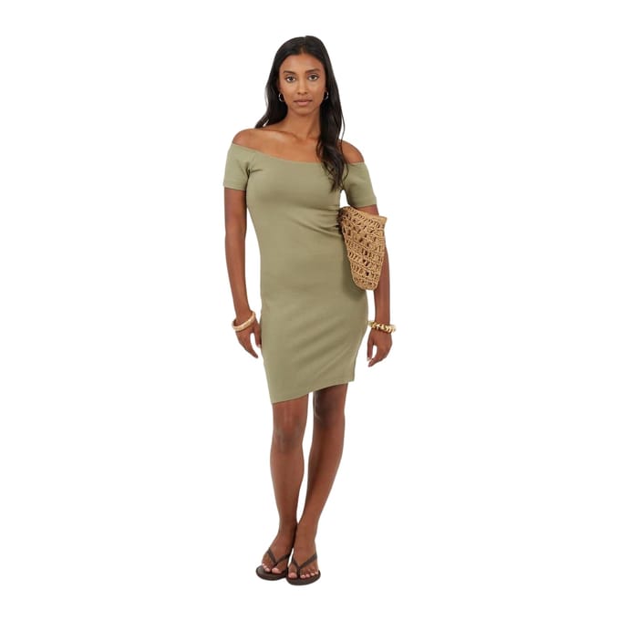 Brave Soul Dames Off Shoulder Korte Mouwen Bodycon Jurk (Khaki)