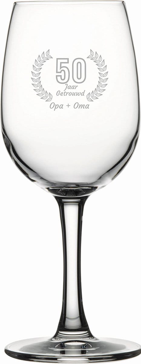 Gegraveerde witte wijnglas 26cl Opa + Oma 50 jaar getrouwd