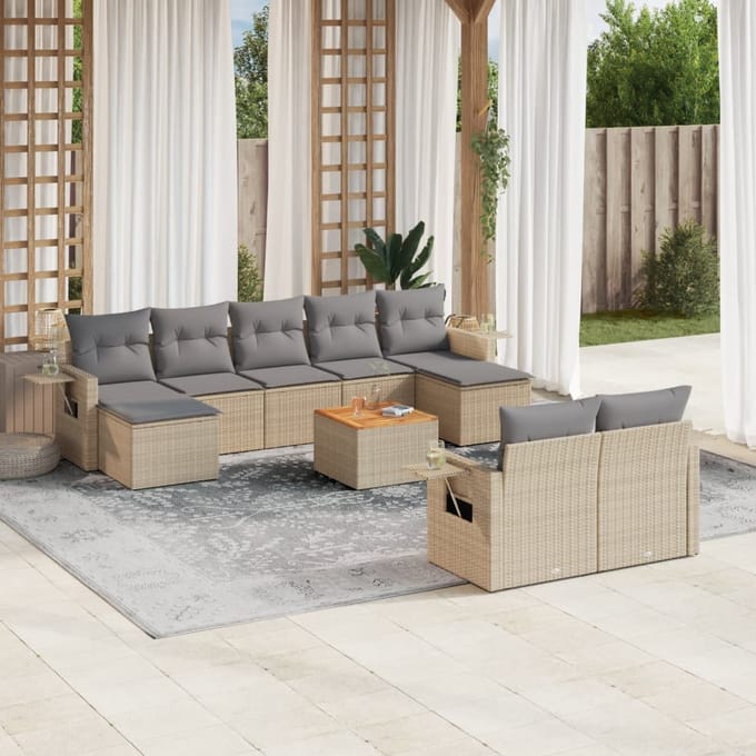 vidaXL - 10-delige - Loungeset - met - kussens - poly - rattan - beige
