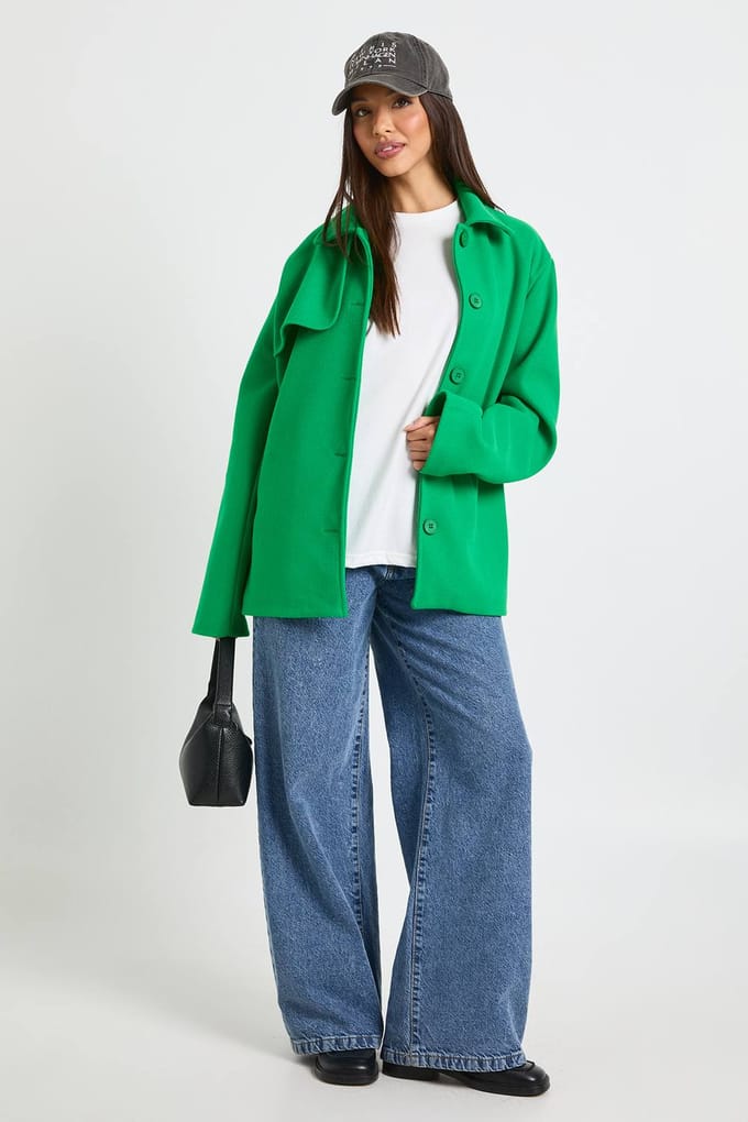 boohoo Dames Jas met wool look kraag- en naaddetails | Green | Maat: 8