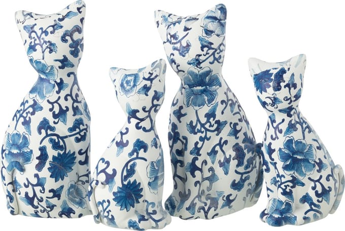 J-Line figuur Kat Patroon - polyresin - blauw/wit - large - 2 stuks