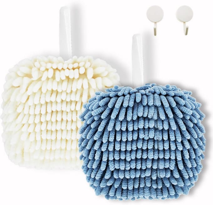 Set van 2 Chenille Washandjes Wit en Lichtblauw - Sneldrogend en Zacht