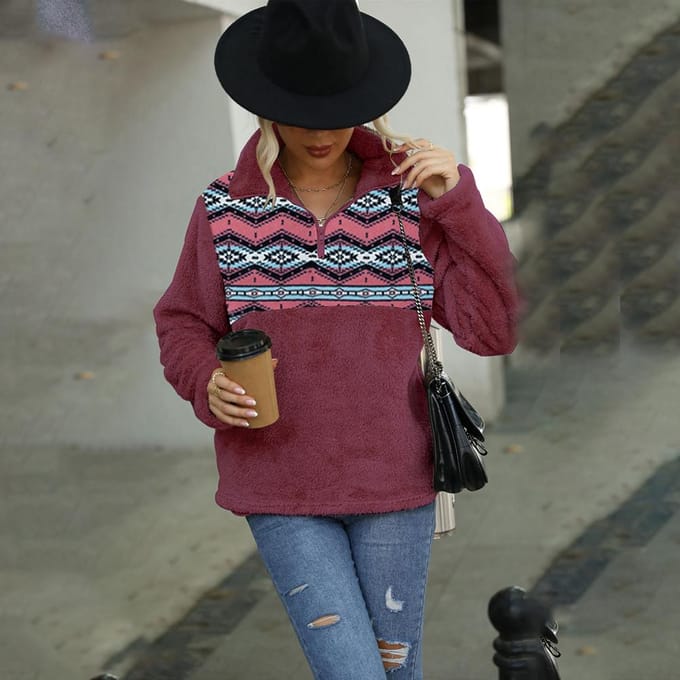 Herfst en Winter Dames Pluche Lange Mouw Losse Pullover Bedrukt Opstaande Kraag Zak Half Rits Sweatshirt S paars