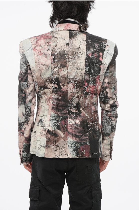 Gestreept linnen blazer met centrale opening, revers en 1 knoop in veelkleurig