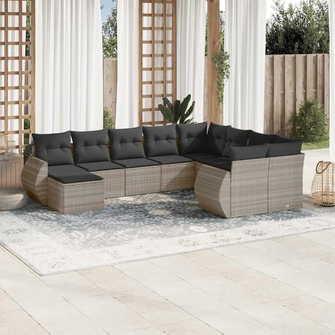 vidaXL - 10-delige - Loungeset - met - kussens - poly - rattan - lichtgrijs