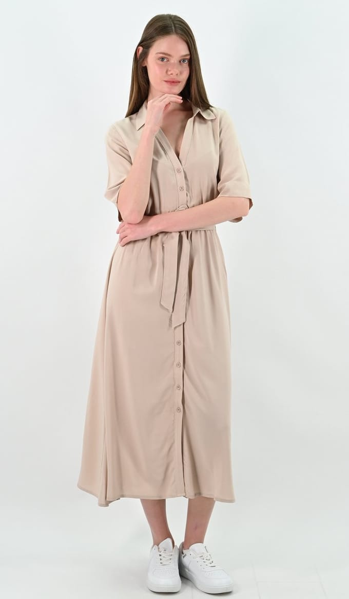 YesMooi - Beige Blousejurk met Strikceintuur - S (36)