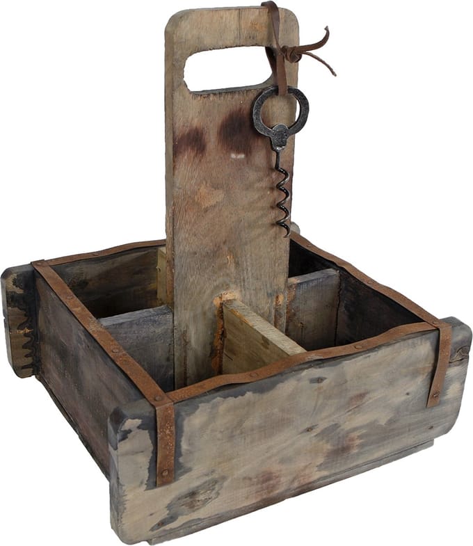 Flessenkist met kurkentrekker naturel hout 26x23x30cm
