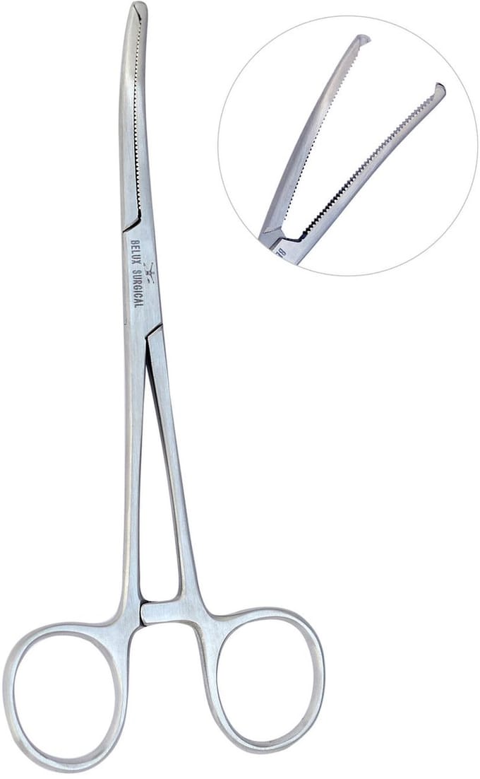 Benelux Surgical Instruments / Kocher arterieklem, gebogen, 1 x 2 tanden, 16,0 cm