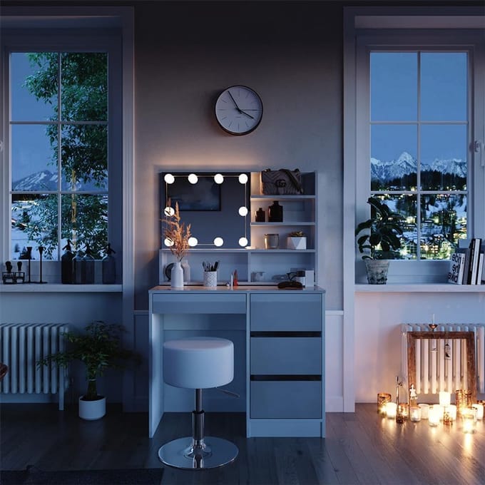 Kaptafel set - Met spiegel - Make-up styling - Inclusief LED - 90 cm breed - Wit hoogglans