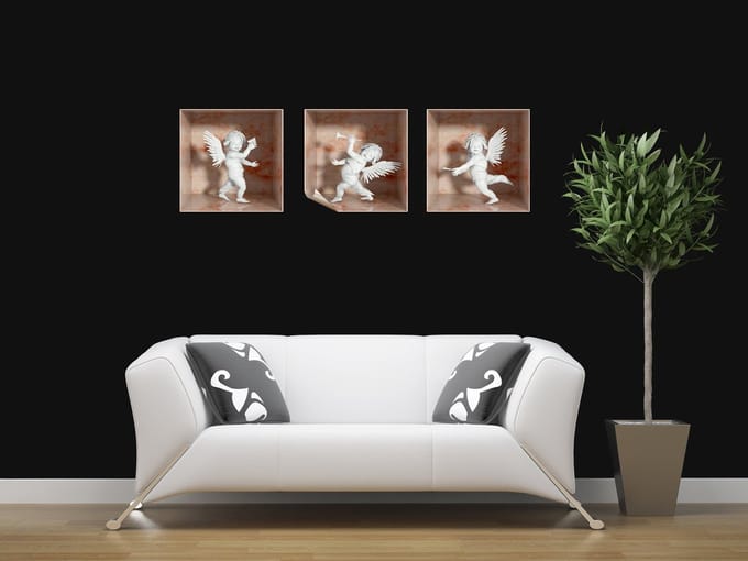 Sticker met 3D-effect van 3 roze marmeren engeltjes, 30 x 90 cm
