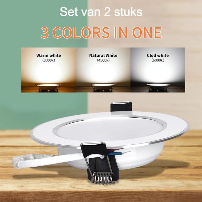 Inbouwspot LED met chromen rand – Dimbaar – 3 Lichtkleuren - 2 stuks.