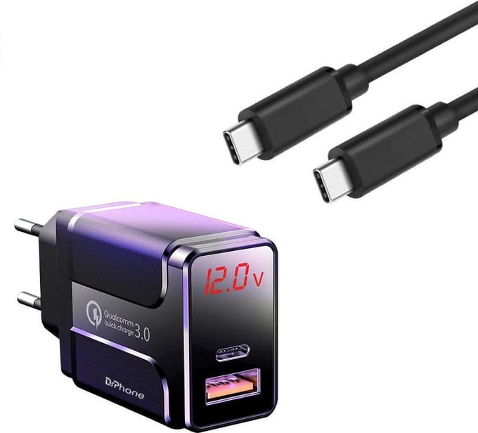 DrPhone HALO5 Qualcomm 3.0 Quick Charge 18W Thuislader + PDTC1 USB-C Naar USB-C Fast Charger 2 Meter & LED-display real-time status - Zwart