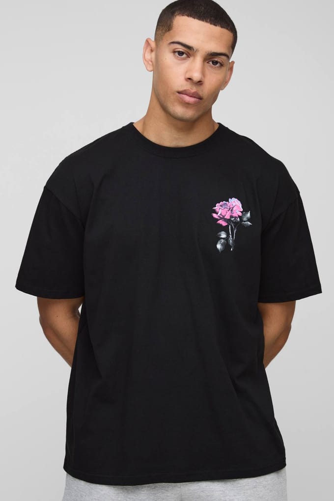Oversized Rose Print Officiële T-Shirt | Black | Size Medium