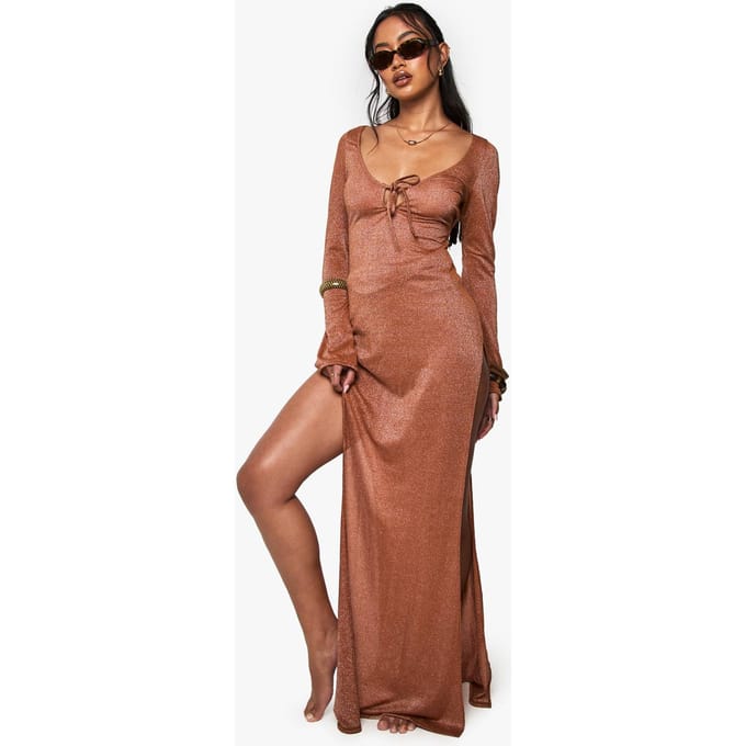 boohoo Dames Premium Zwemglitter Lange Mouw Maxi Strandjurk | Rust | Maat: 14