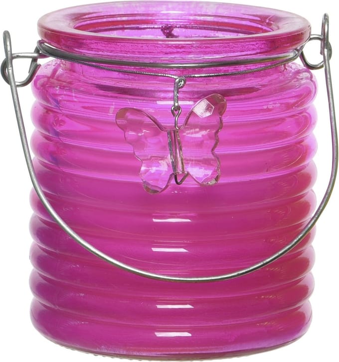 Decoris Citronella kaars in windlicht - roze glas - 20 branduren - citrusgeur