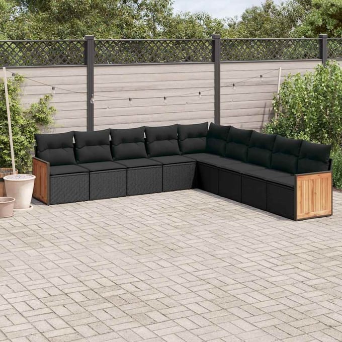vidaXL - 9-delige - Loungeset - met - kussens - poly - rattan - zwart