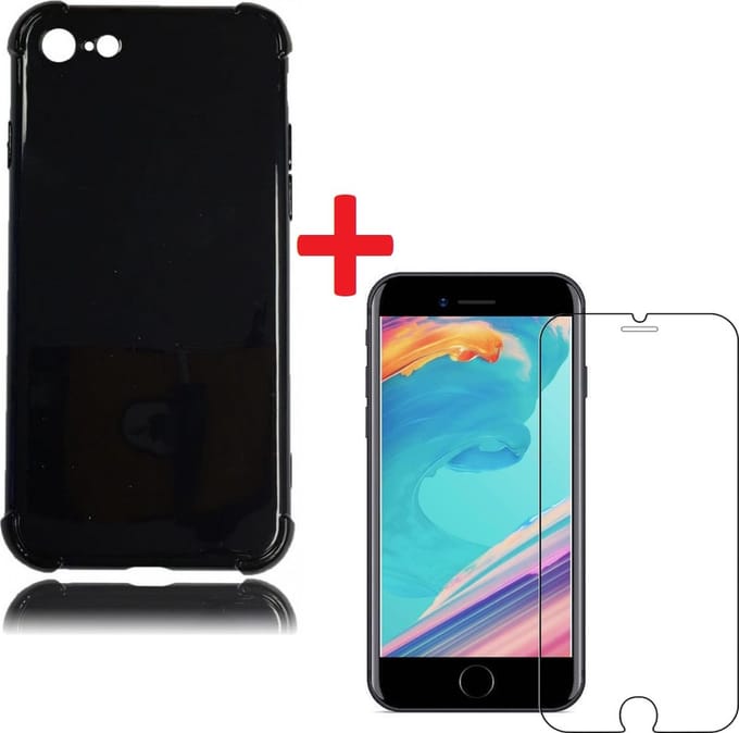Shock-proof silicone hoesje Zwart met 2 Pack Tempered glas Screen Protector Geschikt voor: Apple iPhone 7 Plus / 8 Plus