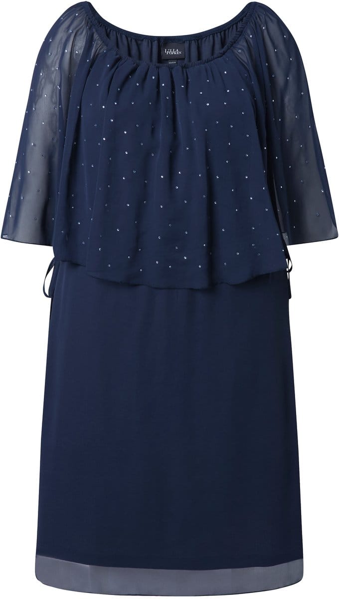 Ulla Popken - Dames - Jurk chiffon-volants A-lijn carmenhals - Marine - Maat 58+