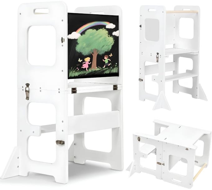 Leertoren Inklapbaar - Leertoren voor Kinderen - Multifunctionele 3-in-1 - Wit - 63cm x 41cm x 80cm