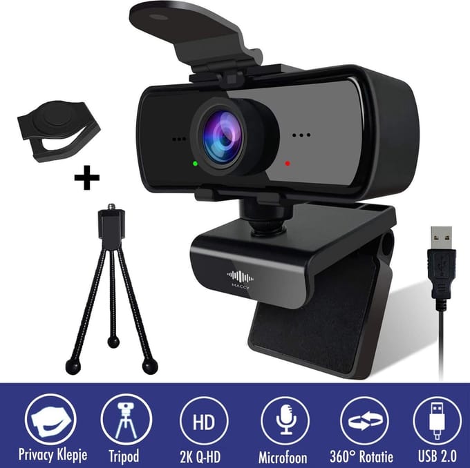 DynaBright Webcam met Ruisvrije Microfoon - Webcam Cover en Tripod - HD Pro Webcam - 4MP - 2560x1440 - Webcam voor PC - Webcam voor Computer