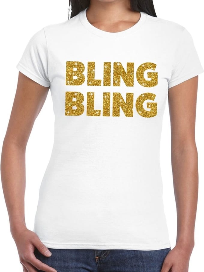 Bling Bling gouden glitter tekst t-shirt wit dames - dames shirt Bling Bling M