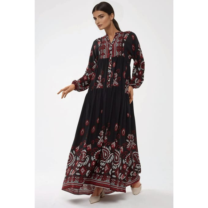 Gedrukte Lange Mouw Viscose Maxi Jurk