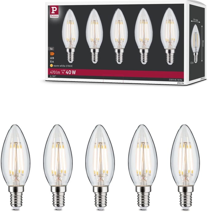 Filament 230 V LED kaars E14 5x470lm 5x4,8W 2700K Helder