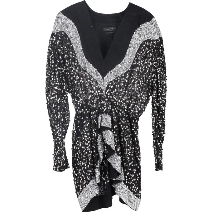Isabel Marant Caldes mini-jurk van zwarte chiffon met pailletten.