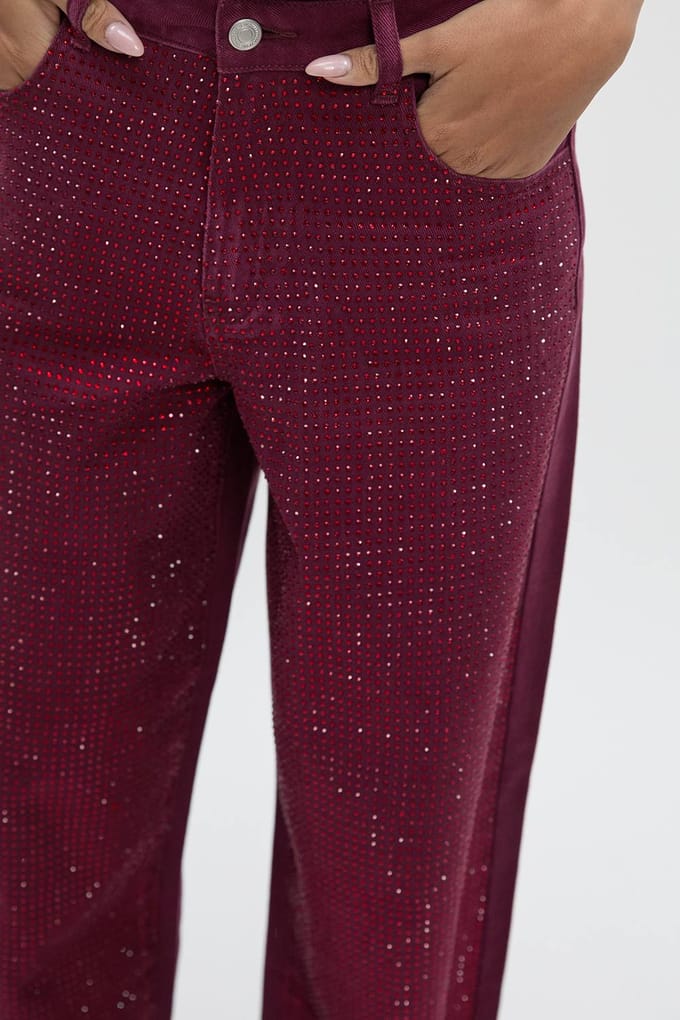 boohoo Dames Versierde Hoge Taille Wijde Pijpen Jeans | Burgundy | Maat: 14