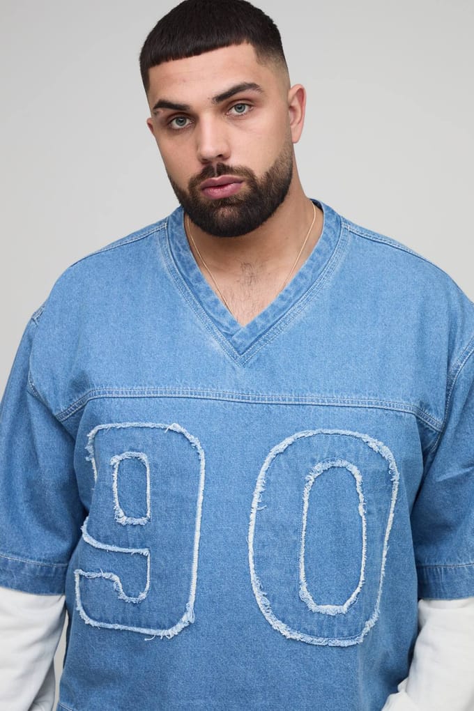 Plus Oversized Boxy Faux Layer Applique Denim Varsity Top | Light Blue | Size 2XL