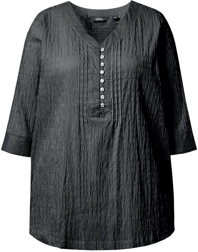 Ulla Popken - Dames - Tuniek strepen biesjes bubble-structuur 3/4-mouwen - Zwart - Maat 50+