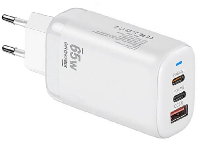 65W USB-C GaN Snellader - Dual USB-C + USB-A Adapter voor Laptop, Tablet & Smartphone - PD Oplader - Universeel - wit