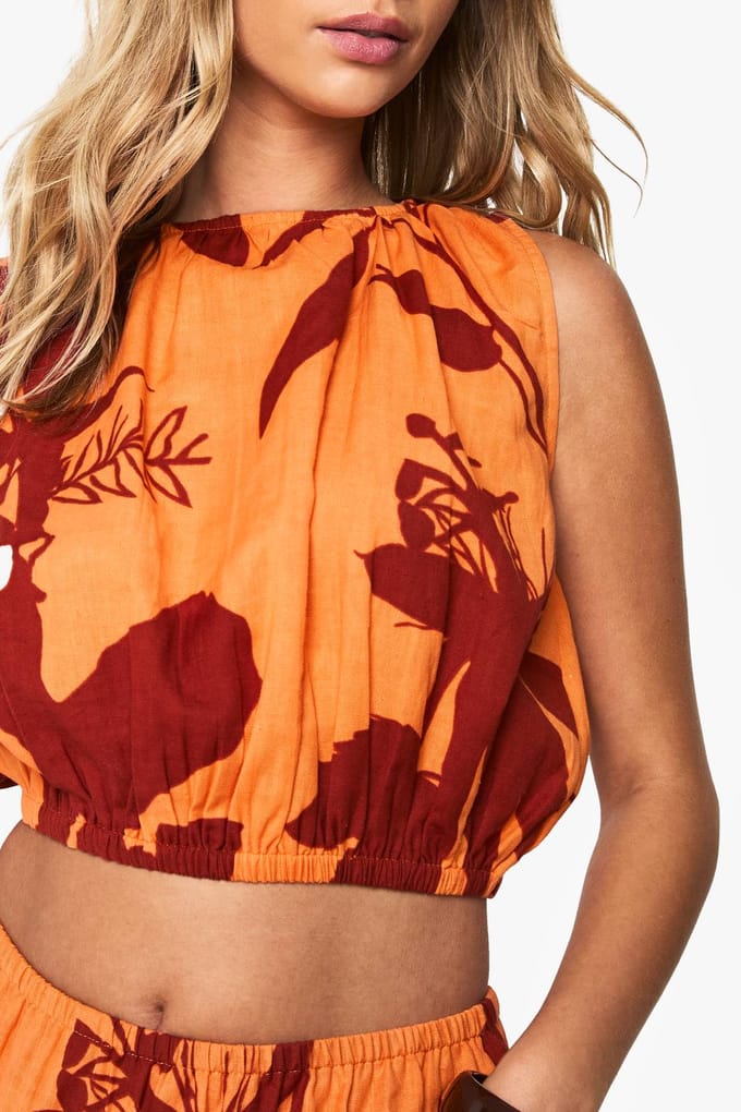 boohoo Dames Abstract Bloemen Puffball Linnen Top | Oranje | Maat: 34