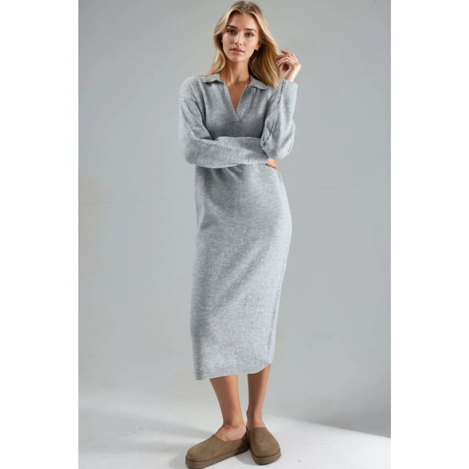 Geribbelde Polo Kragen Maxi Tricot Jurk